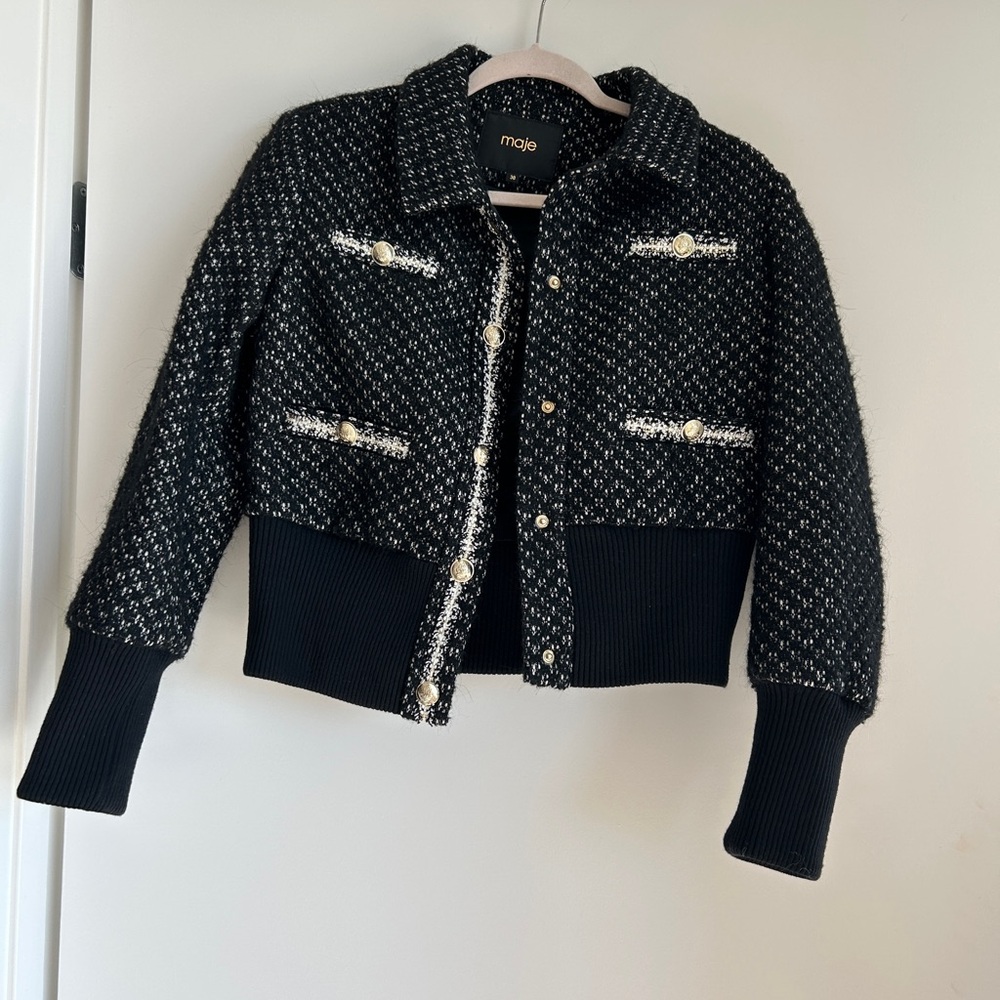 Maje Black and White Textured Jacket with Gold Accents